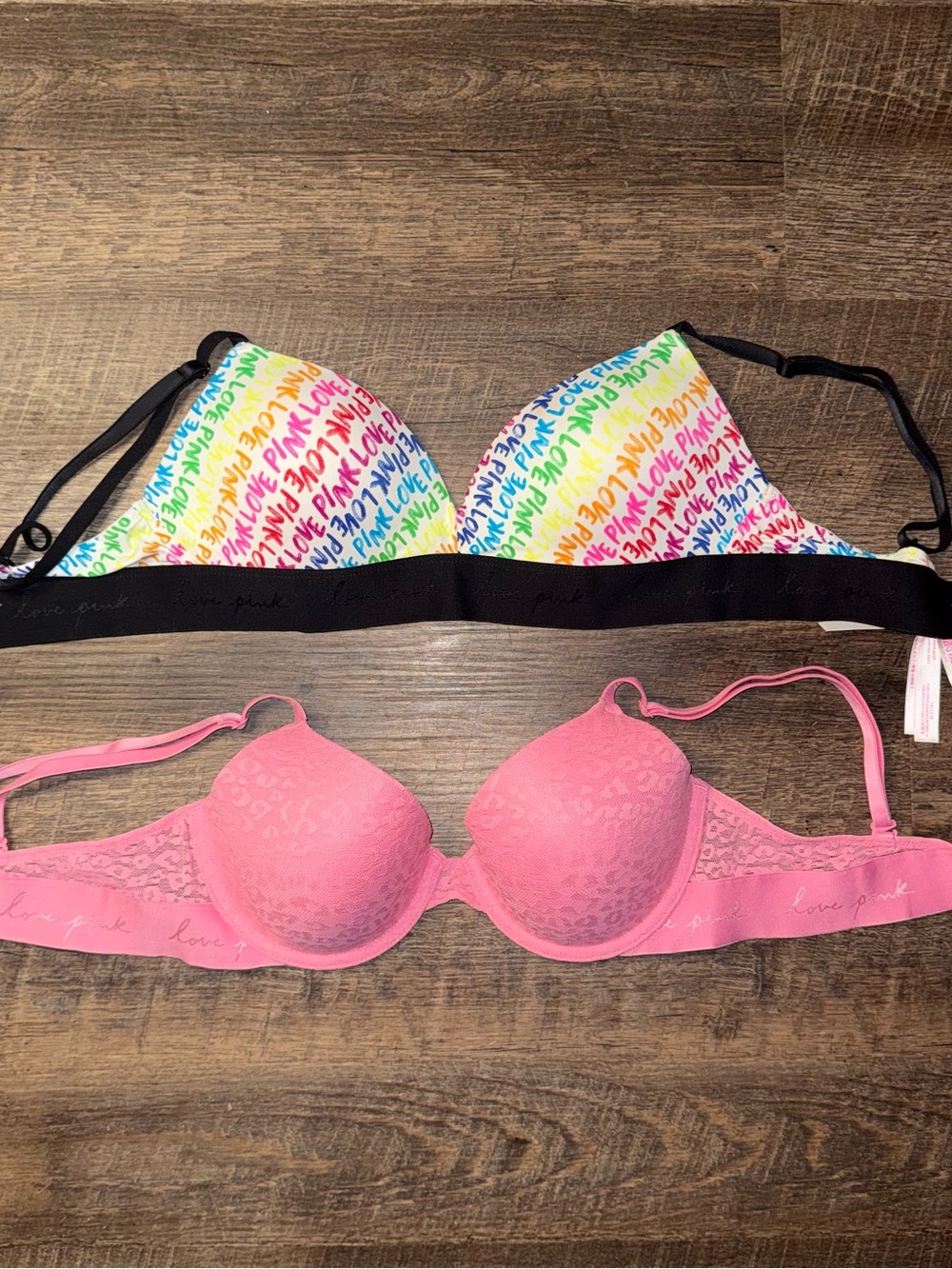 Victoria's Secret PINK Rainbow Logo & Pink Lace Push-Up Bras 34C